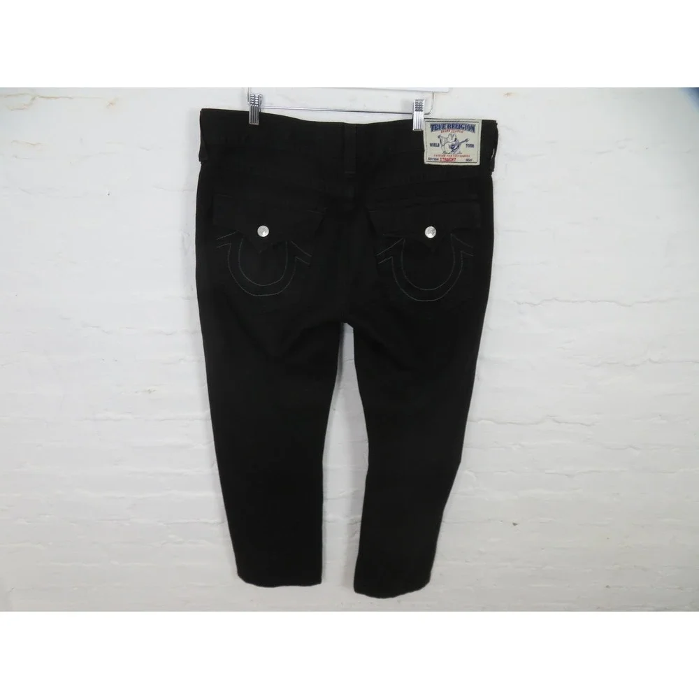 True Religion Straight Jeans Mens 38x30 Black Flap Pockets Logo Denim Casual